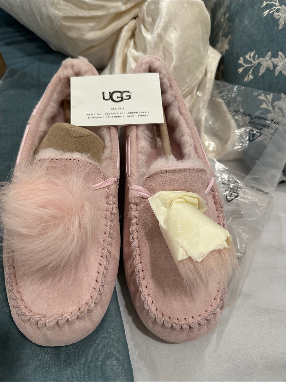 UGG Brand New Pink Suede Pom Pom Moccasin Slippers
